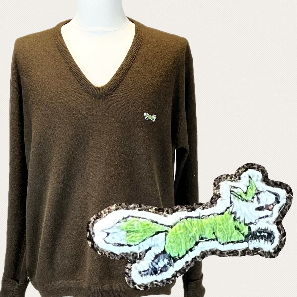 VINTAGE 70s fox knit sweater mens v‎ neck JCPenney embroidered neutral brown XL